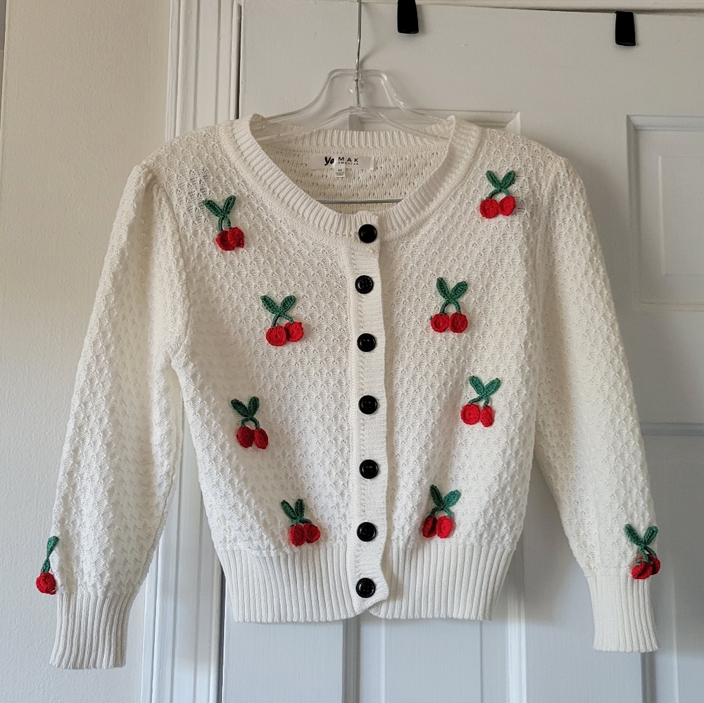 Cherry-Appliqué White Button-Front Women’s Cardigan